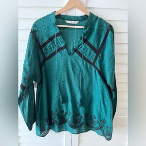 Zara Emerald Green Embroidered Bohemian Top Size Medium